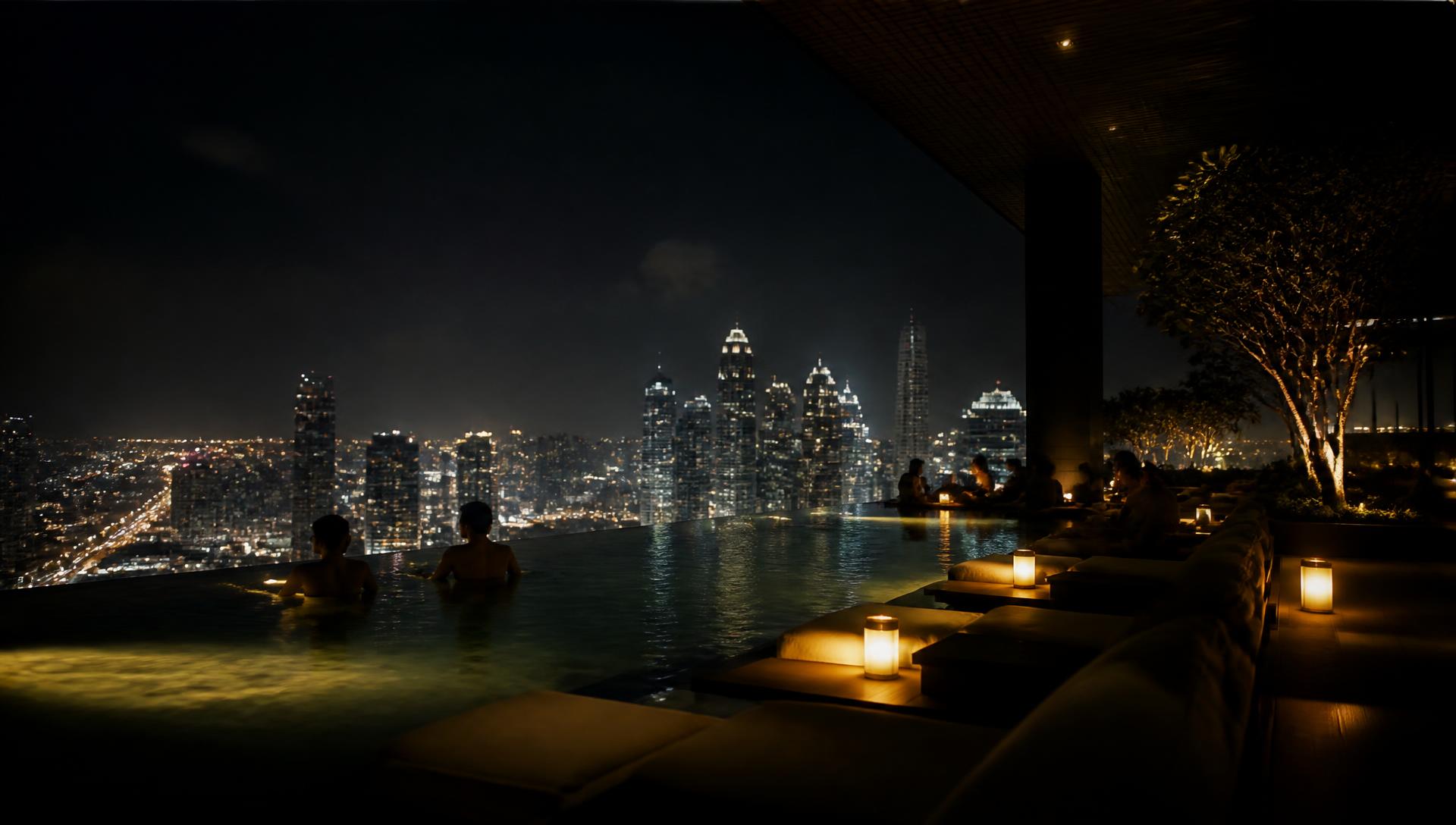 Rooftop infinity pool overlooking a city skyline at night